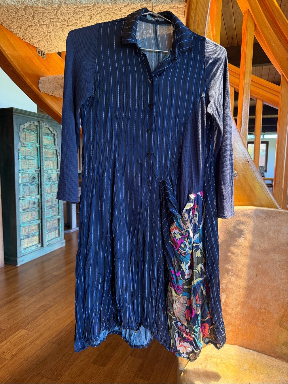 ALEMBIKA bubble hem striped button down shirt dress front pocket pop of color 2 - Picture 2 of 13